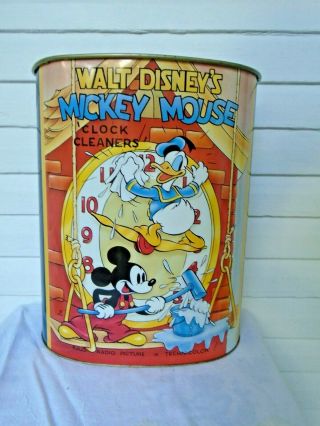 Disney Mickey Mouse Clock Cleaners Metal Waste Basket Trash Can