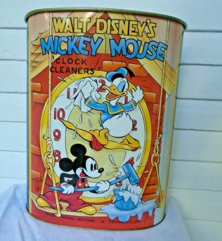 Disney Mickey Mouse Clock Cleaners Metal Waste Basket Trash Can 3