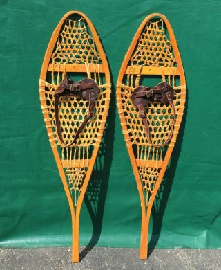 Vintage Snowshoes 42x12,  Leather Bindings Snow Shoes