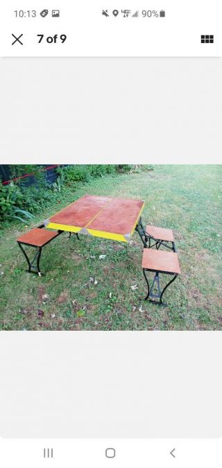 Vintage Yellow Handy Folding Picnic Table And Chair Set Milwaukee Stamping Co