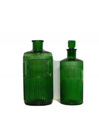 Set Of 2 Vintage Green Ribbed Chemist Bottles,  Apothocary,  Pharmacy
