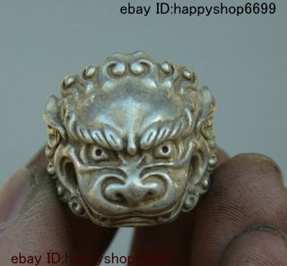 Chinese Dynasty Miao Silver Animal Lion Beast Head Engagement Finger Ring Statue