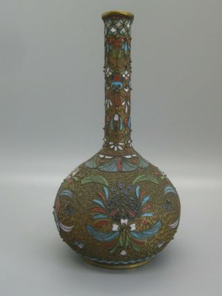 Fine Old Antique Chinese Enamel Cloisonne Over Bronze Bottle Vase 6.  25 " Tall