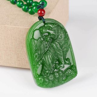 Chinese Handmade Jasper Spinach Green 12 Zodiac Tiger Jade Hanging Necklace