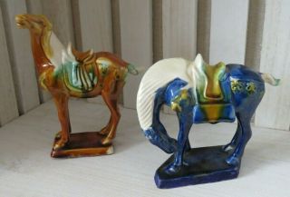Vintage Pair Chinese Tang Dynasty Majolica Sancai Drip Glaze War Horses 1950 