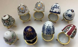 Vintage 90’s Set Of 9 Porcelain Gold Egg Jewelry Trinket Boxes 3 Leg Hinge Lid