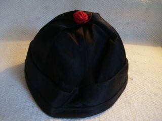 Antique/vintage Traditional Chinese Black Silk Skullcap Hat W/ Red Knot & Label
