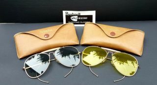 2 Pair Vtg Bushnell Yellow & Grey Aviator Style Shooting Glasses With Cases Ao