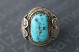 Vintage Navajo Turquoise Coral Sterling Silver Ring Size 10 - 1/2