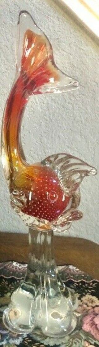 Vintage 16” Murano Art Glass Fish Sculpture Figure Orange Controlled Bubbles