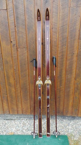 Vintage Wooden 75 " Brown Skis With Bindings And Signed Norge Turn Modell
