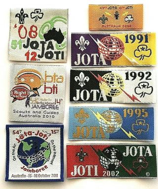 8x Aussie Scout Jamboree On The Air Badges; Jota 1991 92 95 02 06 08 10 & 2011