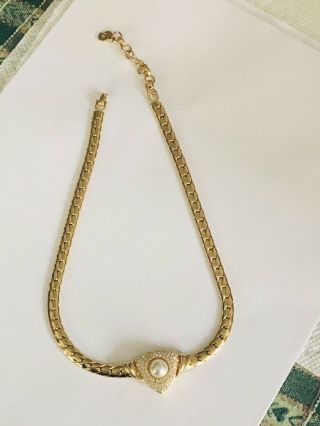 Vtg Christian Dior Gold Plated Faux Pearl And Crystal Necklace Long 15” - 17”