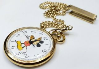 Disney Lorus Quartz Mickey Mouse Gold Tone Pocket Watch V501 - 0a00