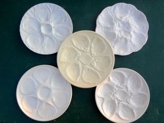 5 Piece Set Vintage French Majolica & Pillivuyt Porcelain Oyster Plates White