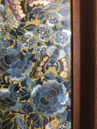 Vintage Crewel Work Art In Tray/frame Teal Green Blue Moths Flowers 23.  5 " X 5 "