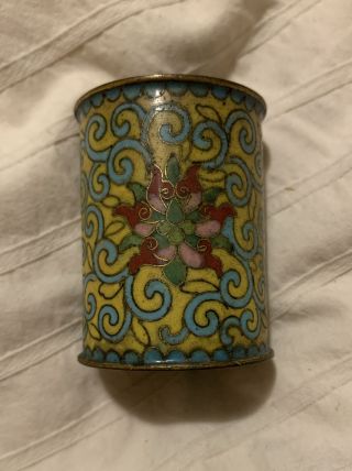 Vintage Chinese Cloisonné Toothpick Or Match Holder Yellow And Blue Floral