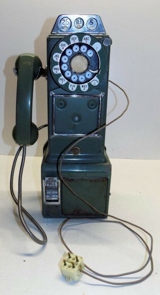 Vintage Metal Green 3 Coin Slot Rotary Dial Pay Phone Telephone