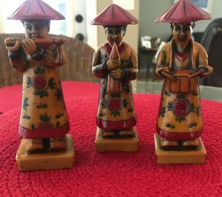 Vintage Chinese Hand Carved Scrimshaw Style Painted Statues Musicians