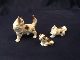 3 Vintage Bone China Japan Miniature Persian Cat With Kittens Family Figurines