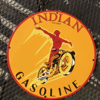 Vintage 1936 Spirit Red Indian Motorcycle Gasoline Porcelain Display Sign•