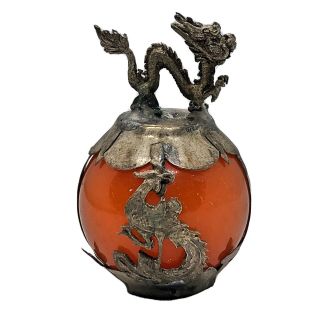 Old Chinese Orange Jade Dragon Ball - Asian Figurine Silver Tone Metal - Zodiac