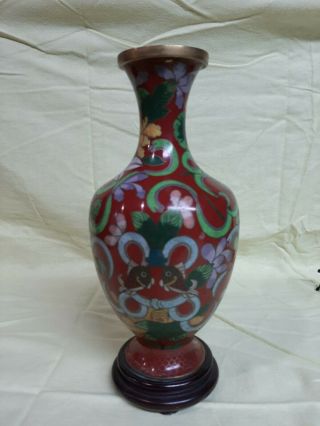 Antique Chinese Cloisonne Red Green Enamel Vase B Red Pink Floral Fish Wood Base
