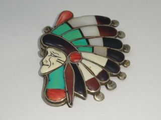 Ralph Quam,  Zuni Vintage Sterling Silver Inlay Indian Chief Head Dress Tie Clasp