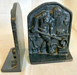 Set Of Vintage Black Cast Iron Book Ends Steel Mill Foundry Worker Pittsburgh (?)