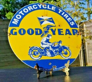 Vintage Goodyear Tires Porcelain Gas Motorcycle Service Station Pump Plate Sign