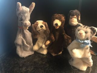 Vintage Hand Puppets1920,  Steiff Plush Tabbycat/button,  Dog,  Bear,  Monkey&donkey