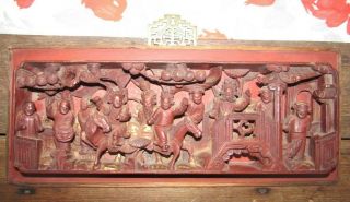 Antique Chinese Qing Dynasty Carved Wood Panel Plaque Gilt Lacquer Polychrome 10