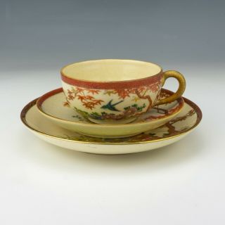 Vintage Satsuma Pottery - Oriental Tree & Bird Decorated Cup Saucer & Tea Plate 3