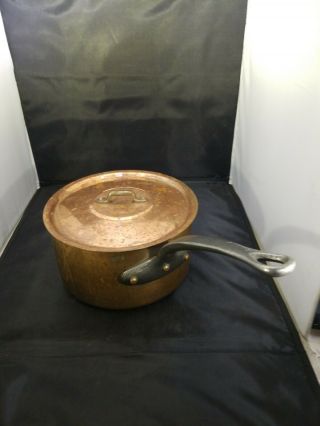 8 " Mauviel Vintage.  Hammered Copper Sauce Pan With Top.  Pre Owned Made In France