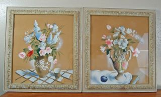 2 Vintage 1940s Signed Airbrush Watercolor Newman Decor Floral Vase Still Life