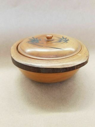 Antique Japanese Hand Carved Small Round Wood Lidded Bowl / Trinket Dish Nippon