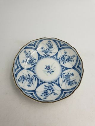 Japanese Fine Porcelain Shallow Dish Plate Blue White Pink Floral Thin Grass