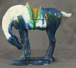 Vintage Chinese Glazed Ceramic Porcelain Blue Horse With Saddle