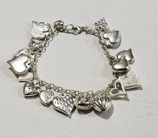Vintage Sterling Silver Heart Charm Bracelet 8 " Signed Jcm Mauritius 925