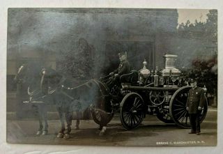 1910 Manchester Nh Webster St Horse Drawn Firehouse Engine 5 Real Photo Postcard