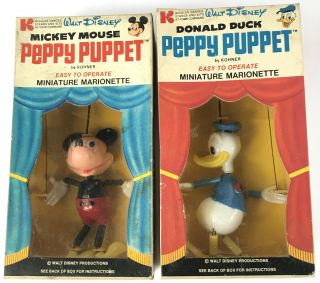 2 - 70’s Walt Disney Donald Duck & Mickey Mouse Peppy Puppet Miniature Marionettes