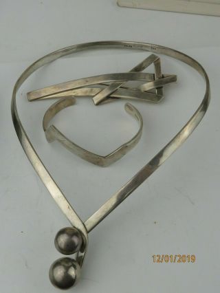 Vintage Modernist Sterling Silver 925 Mexico Bracelet & Brooch,  Choker