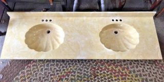 Vintage Double Sink Vanity Counter Top Seashell Yellow Cultured Marble 73 " X 21