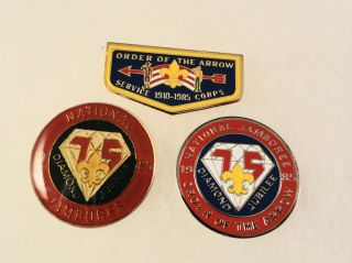 (3) 1985 National Boy Scout Jamboree Pins - 75th Ann.  Logo - Oa & Service Corps