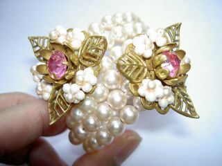 Vintage Miriam Haskell Pearl Pink Rhinestone Lotus Flower Wrap Cuff Bracelet