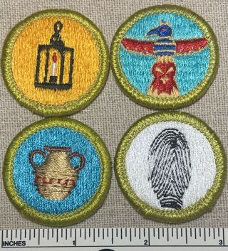 4 Vtg Boy Scout Merit Badge Patches Fingerprinting Pottery Metalwork Sash Camp