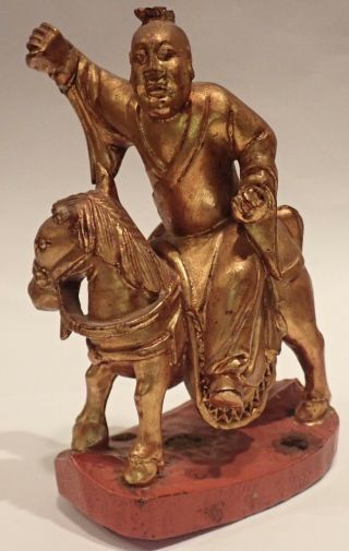 Antique Chinese Carved Gold Gilt Wood Man Riding Horse Figurine Sculpture