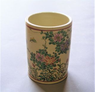 Antique Vintage Asian Chinese Japanese Pottery Brush Pot Vase Painted Flowers