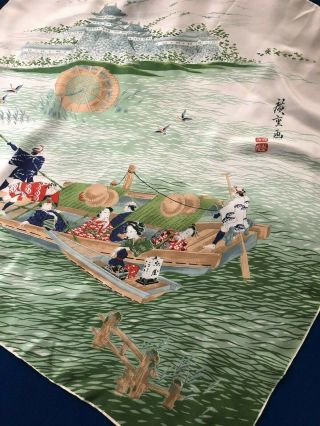 Japanese Art Silk Scarf Sampan Boat Vintage Japan Square Green Print Ladies