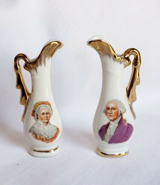 Set Of 2 Vintage George And Martha Washington Pitchers Trimmed In Gold 3 1/2 "